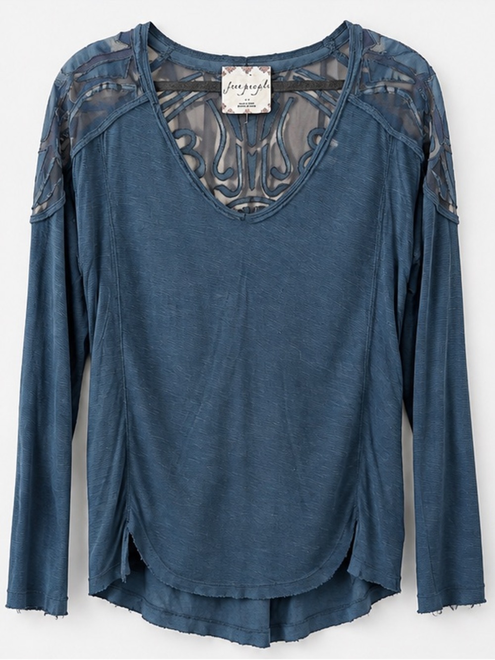 Free People Blue Mirage V-Neck Mesh-Detail Long Sleeve Top